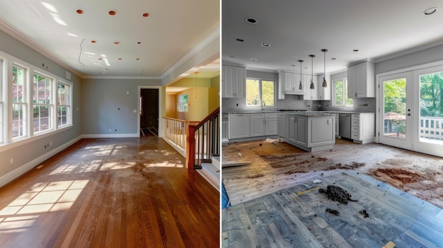 A before and after photo collage of a property renovation project highlighting the potential