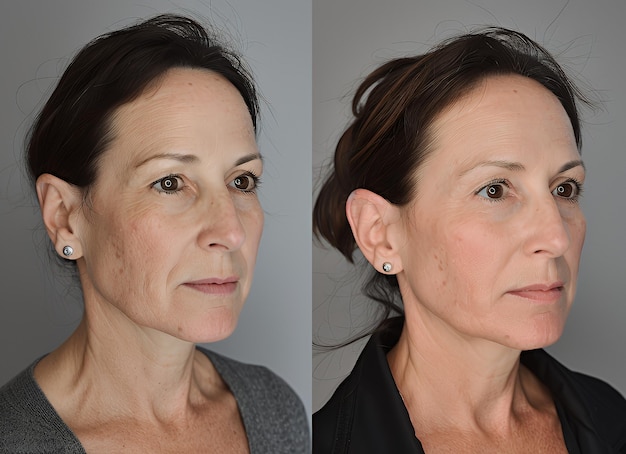 Photo before and after photo of a woman39s face showing the effects of a cosmetic procedure the left side shows wrinkles around the eyes and mouth while the right side shows a smoother complexion