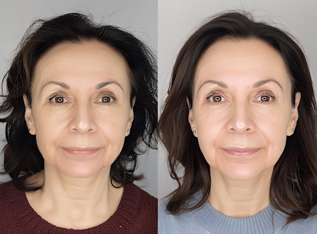 Photo before and after photo of a woman39s face showing the results of a cosmetic procedure