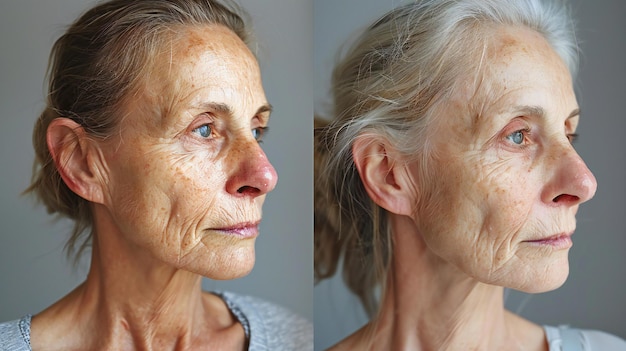 Before and after photo of a womans face and neck skin texture showcasing cosmetic effects over fou