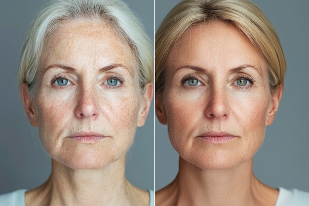 Photo before and after portrait of a woman39s face showing the effects of aging