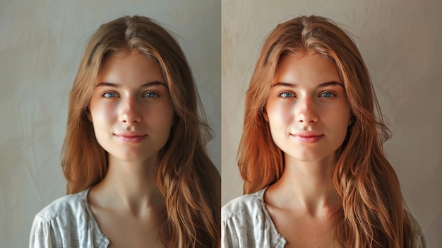 Before and after retouching Portrait of beautiful young woman looking at camera