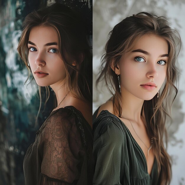 Before and after retouching Portrait of beautiful young woman with makeup