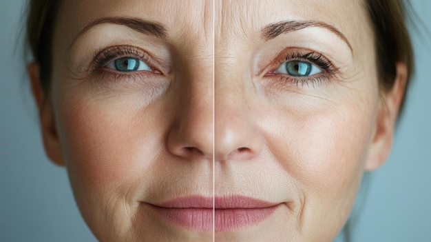 Photo before and after a womans face shows the effects of antiaging treatment