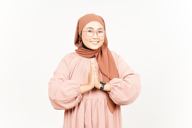 Begging Gesture of Beautiful Asian Woman Wearing Hijab Isolated On White Background