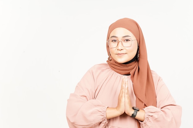 Begging Gesture of Beautiful Asian Woman Wearing Hijab Isolated On White Background