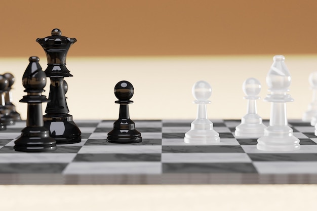 Beginning of the game, Two chess teams in front of different color white and black on the chessboard, marketing strategy