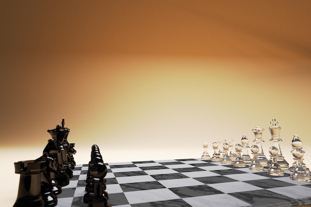 Beginning of the game, Two chess teams in front of different color white and black on the chessboard, marketing strategy