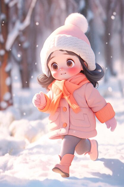 Beginning of winter solar term children playing in the snow in cold winter 3D illustration