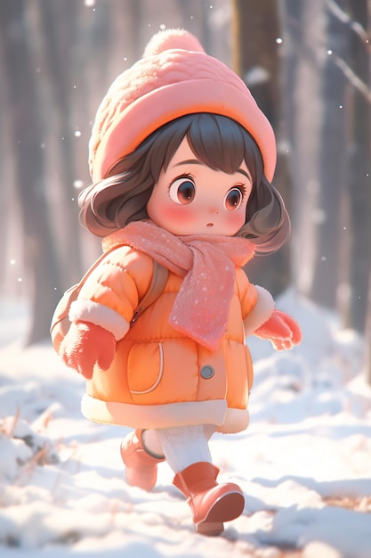 Beginning of winter solar term children playing in the snow in cold winter 3D illustration