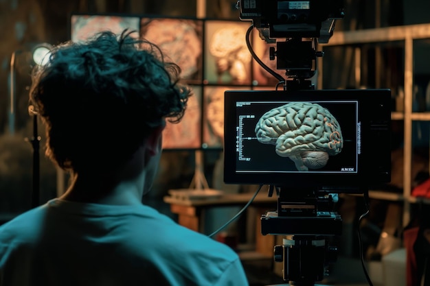 Behindthescenes view of a director at work on a film set with a brain image on the monitor