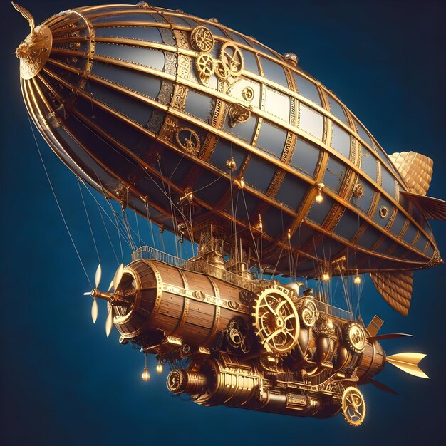 Photo behold the majestic steampunk airship adorned with intricate brass gears and vintage wooden accents