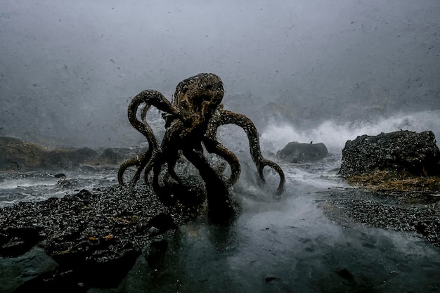 Behold the Mighty Cthulhu: A Breathtaking Stock Photo of a Giant Octopus Emerging from the Icy Waters of Iceland, Perfect for Fantasy, Horror, and Adventure Designs, created with Generative AI technol