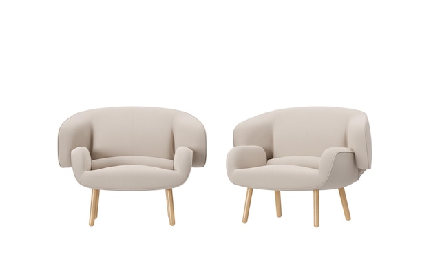 Beige armchair isolated on white background Front and side view Modern furniture Beautiful armchair contemporary style 3D rendering