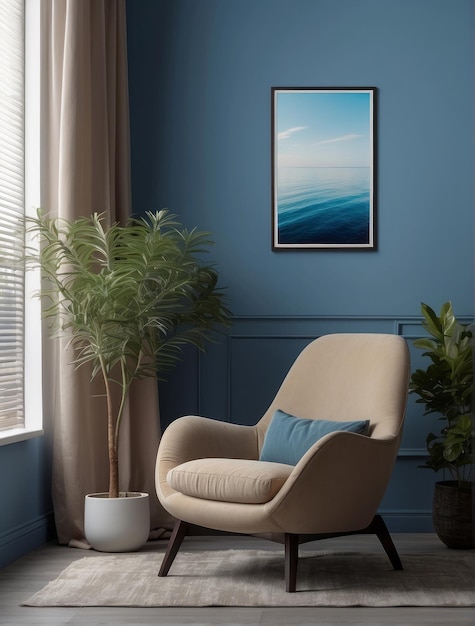 Beige armchair and mock up poster on blue wall Interior design of modern living room