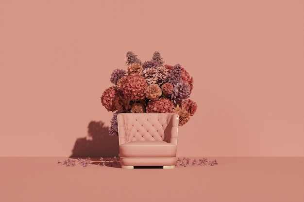 Beige armchair with colorful flowers on pink brown background. 3d render