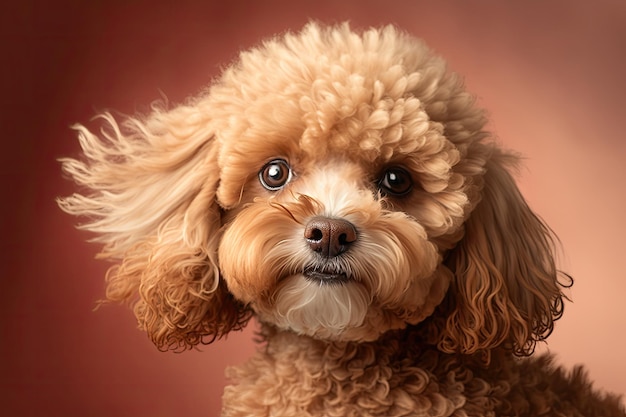 On a beige background is a red Maltipoo A dog with curls in a photo studio Maltese poodle