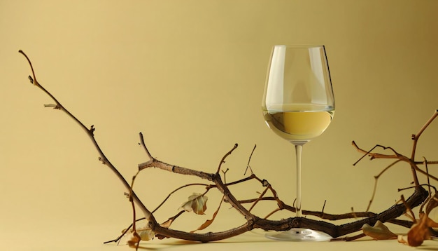 Beige background of an old snag and white wine