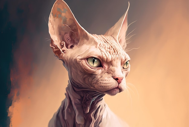 On a beige background a portrait of a cure sphynx cat is shown staring towards the camera