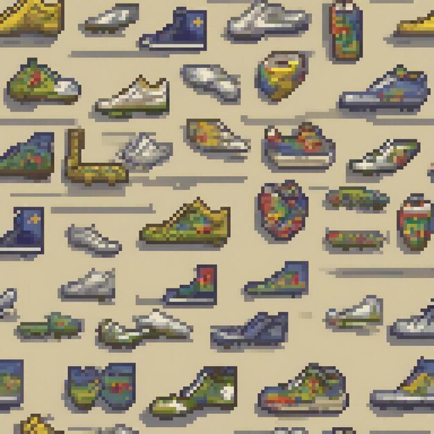 Photo beige background showcases a vibrant pixel art collection of diverse shoes