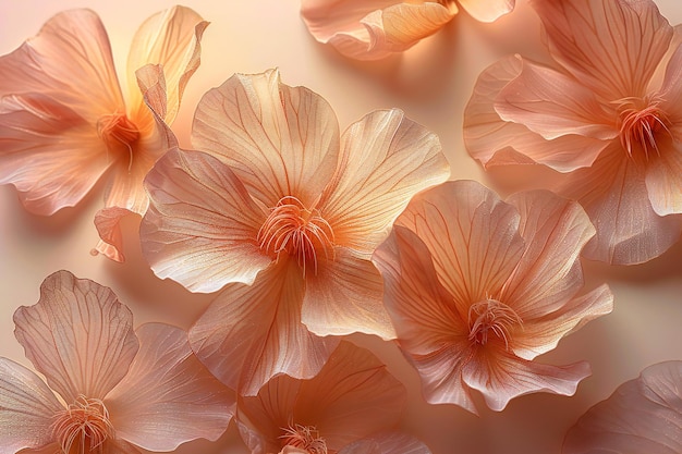 Beige background with abstract transparent peach petals soft and delicate composition for design pr