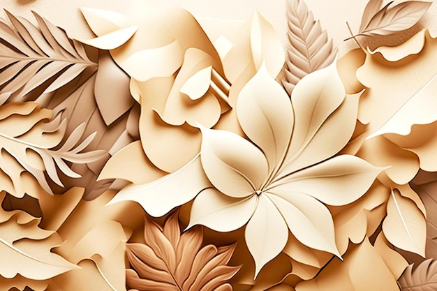 Beige background with flower petals and leaves for art paper collage created with generative ai