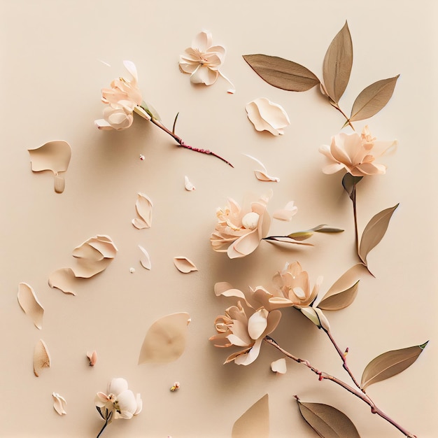 A beige background with flowers and leaves on it.