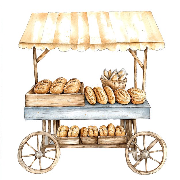 Photo beige baked bread cart stall blue illustration