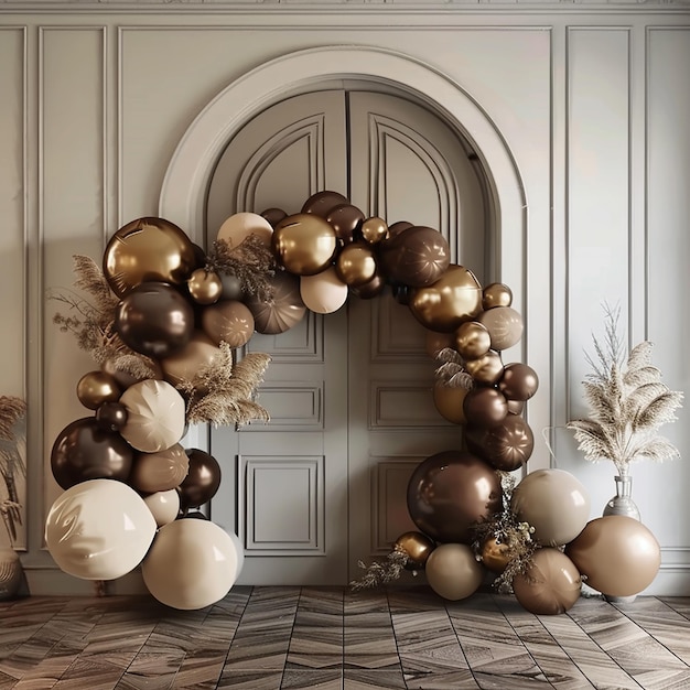 beige balloon arch gold and brown in the style of luxurious wall hangings circular shapes earthy