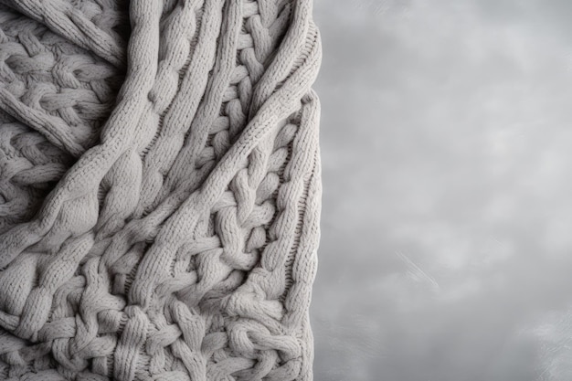 Beige blanket on gray surface with space for text representing autumn or winter