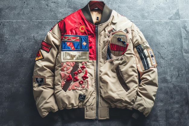 Photo beige bomber jacket with colorful patches and embroidery