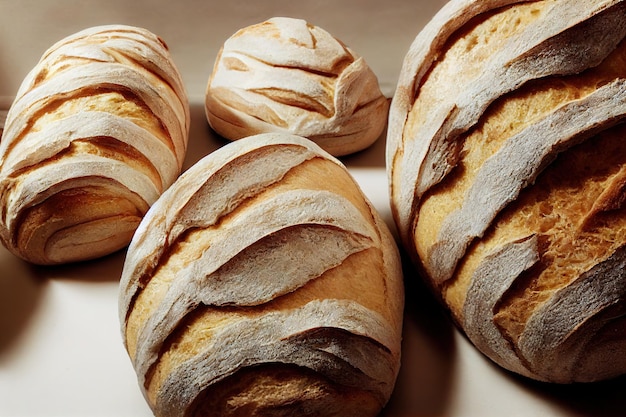 Beige brown loaves of fresh sourdough bread lying on table