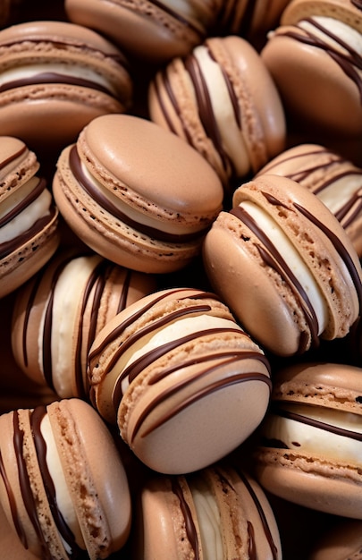 beige brown macarons with beige icing on top in the style of creased crinkled wrinkled