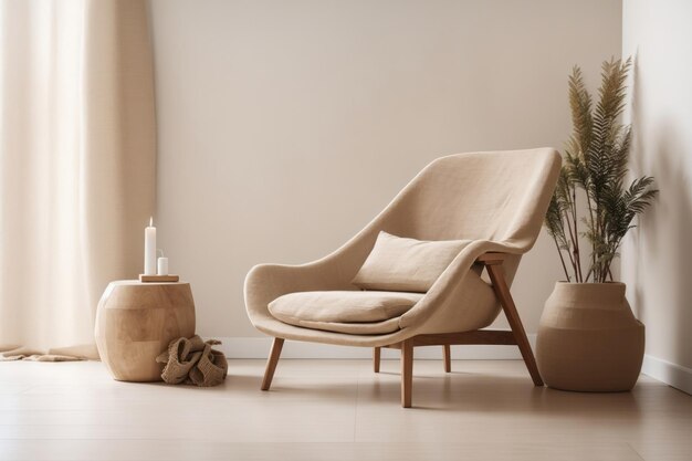 Beige burlap lounge chair against white wall ai generative