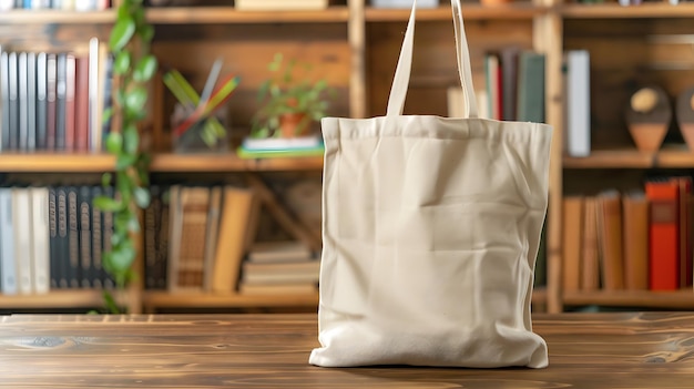 beige canvas tote bag mockup template on wooden table in library eco friendly totebag mock up made