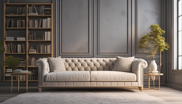 Beige classical tufted sofa against grey paneling wall and wooden book shelf Classical