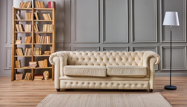 Beige classical tufted sofa against grey paneling wall and wooden book shelf Classical