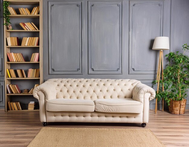 Beige classical tufted sofa against grey paneling wall and wooden book shelf Classical