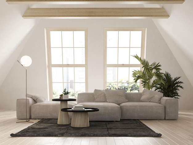 Beige color attic interior room 3d illustration