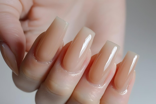 A beige colored manicure on short square nails in the style of beauty concept closeup copy space for text