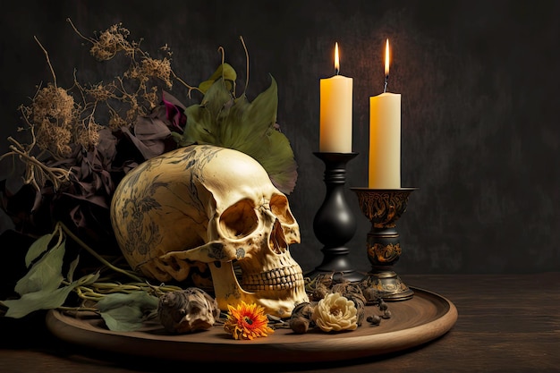 Beige colored skull with flowers on tray with candles