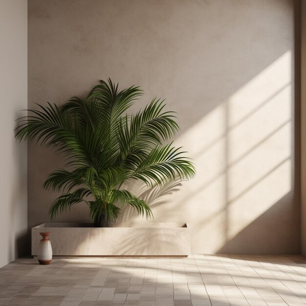 Beige concrete wall and floor with a white marble podium and palm leaf shadows