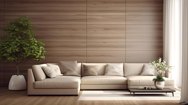 Beige corner sofa against of wooden paneling wall