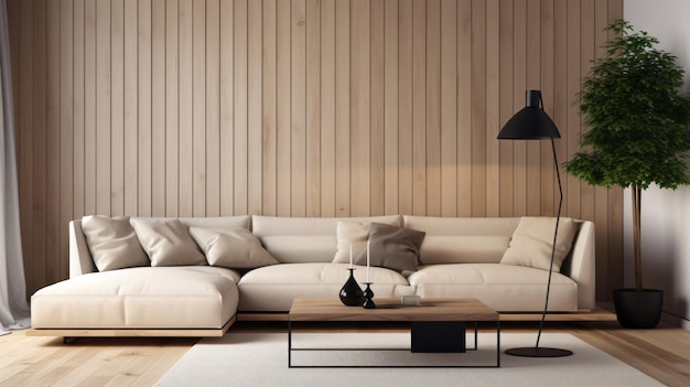 Beige corner sofa against of wooden paneling wall