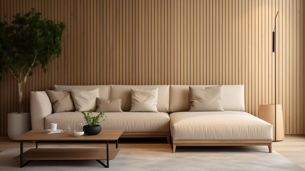 Beige corner sofa against of wooden paneling wall