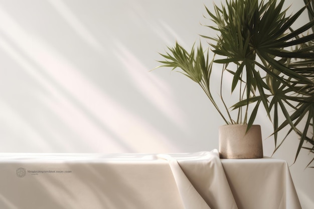 Beige cotton tablecloth on counter table with a tropical dracaena tree in sunlight against a white wall background perfect for luxury organic skincare or beauty product display 3D rendering