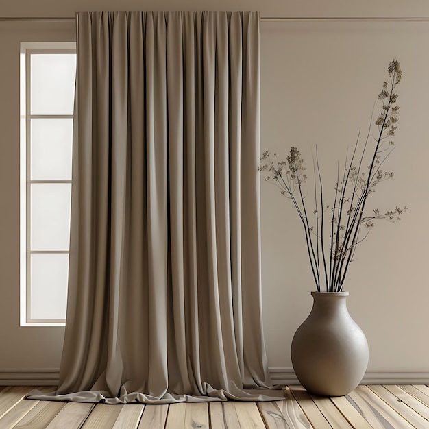 Beige Curtains and Dried Flowers in a Minimalist Room Illustration