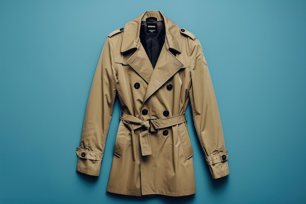 Beige DoubleBreasted Trench Coat Hanging Against Blue Background