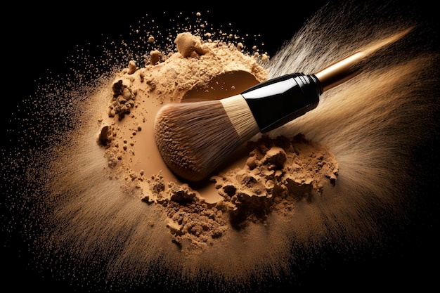 Beige dry cosmetic powder on brush flying in all directions on black background