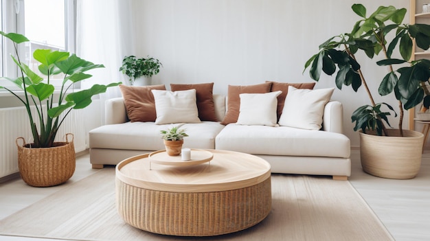 Beige fabric sofa against windowboho home interior